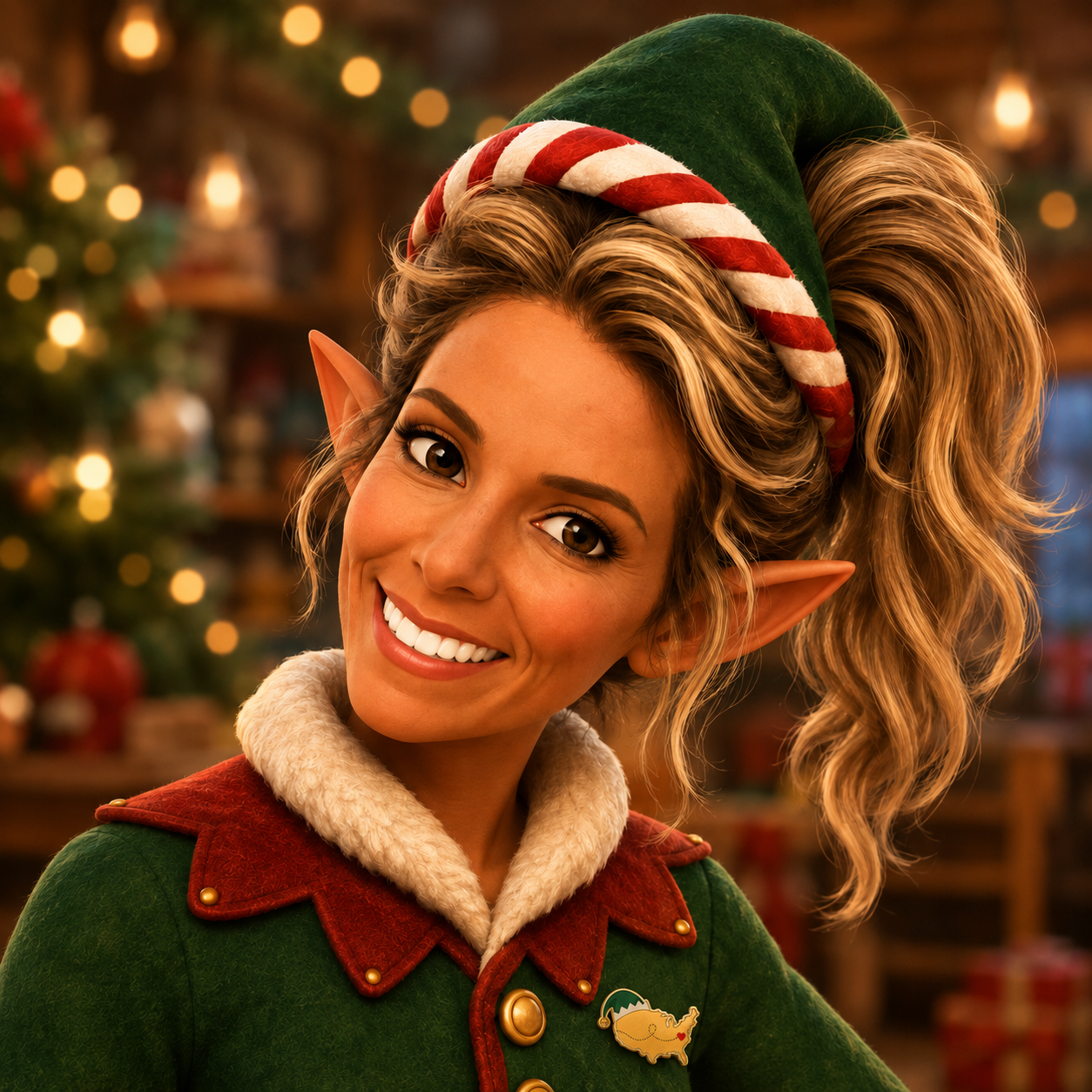 A recognizable Full EAA Storybook elf wearing the official EAA emblem